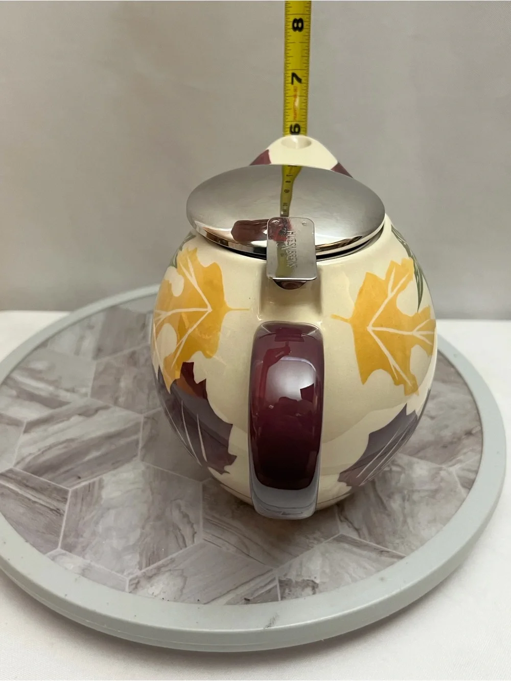 HuesNBrews I-Pot Ceramic Tea Infuser Pot Fall Leaves Stainless Lid Strainer Box